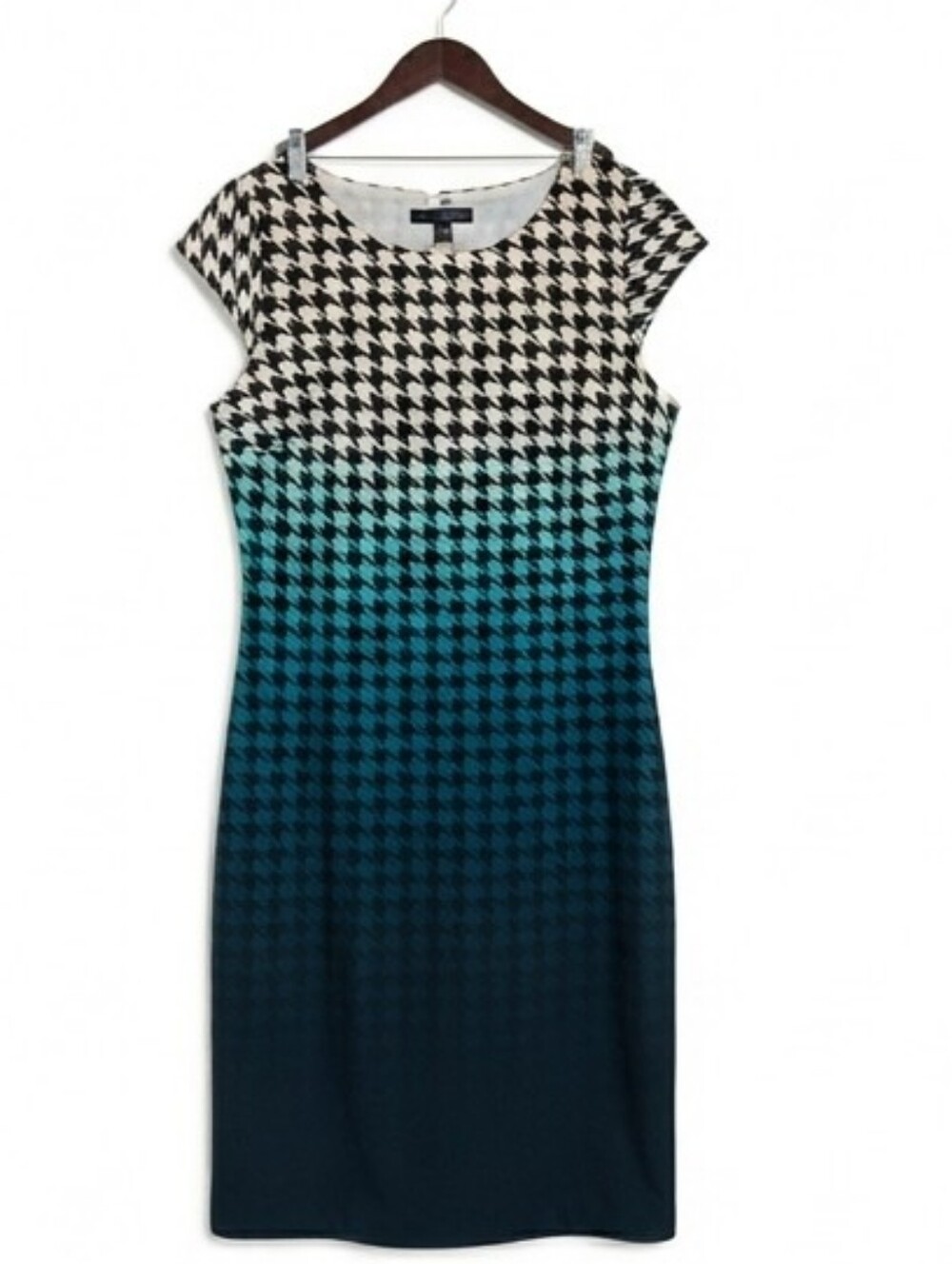 The Limited Black White Teal Ombre Houndstooth Cap Sleeve Sheath Dress